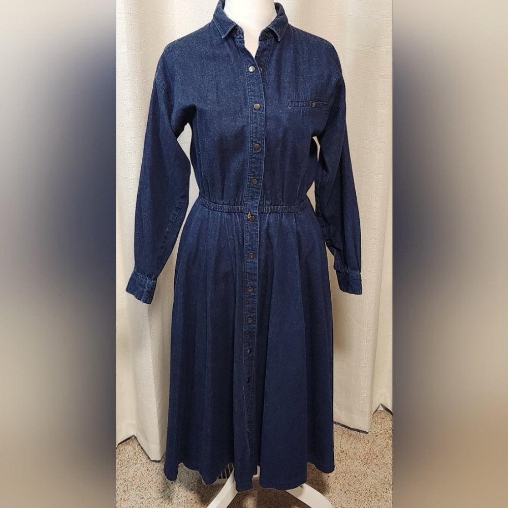 Retro Alain Toussaint  Cotton Vintage Western Denim Long Snap Dress Sz 8P